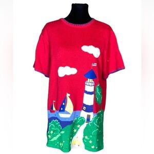 Quacker Factory nautical theme sweater with lighthouse and sailboats Large